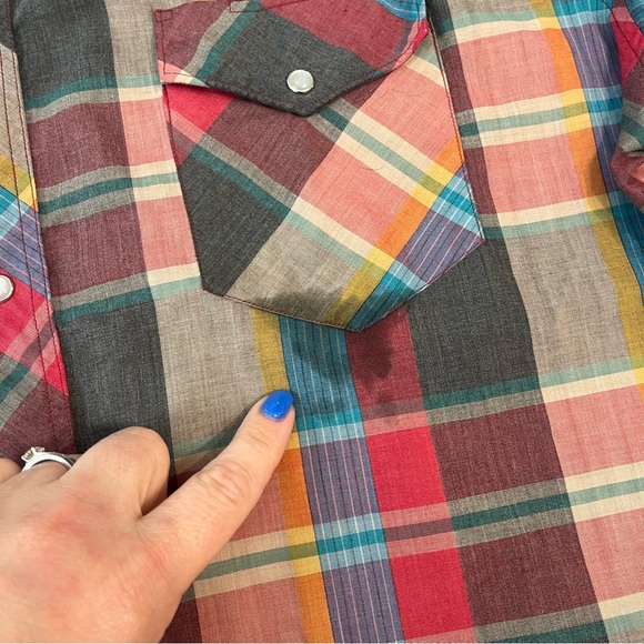 Vintage Rustler red cream plaid button down pearl buttons size XXL x-long tails - Picture 2 of 8